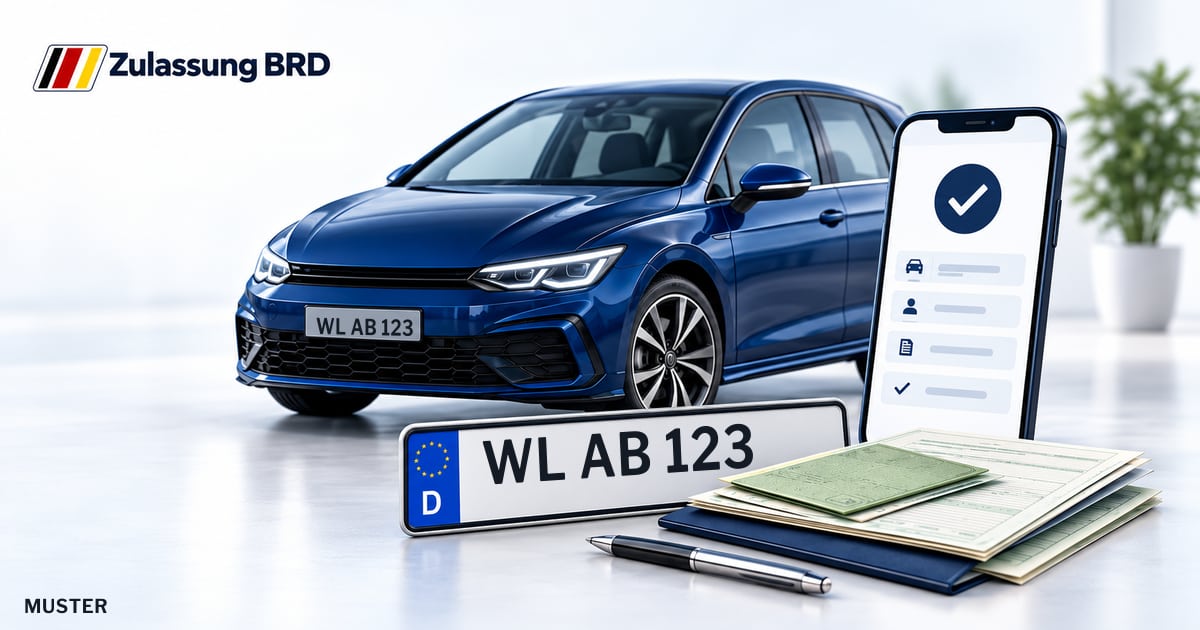 Online Fahrzeugzulassung in Winsen / Luhe: Musterkennzeichen WL AB 123, Auto und Fahrzeugpapiere und Smartphone. Illustration mit Logo von Zulassung BRD.